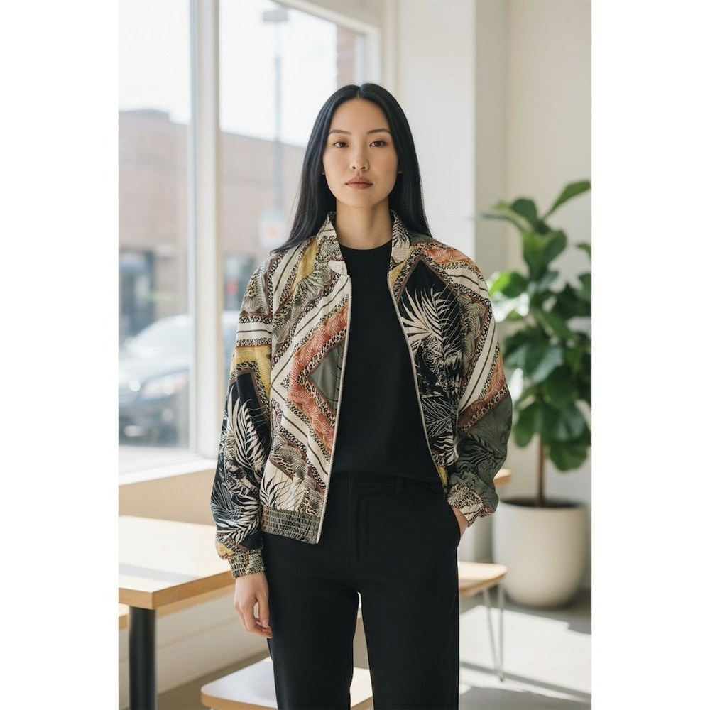 Stradivarius Women's Geometric Bomber Jacket safari Sz S vintage tiger full‎ zip
